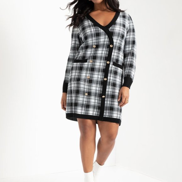 NWT ELOQUII PLUS SIZE Black & White Checkered Sweater Dress, Size 18/20 - Picture 2 of 7